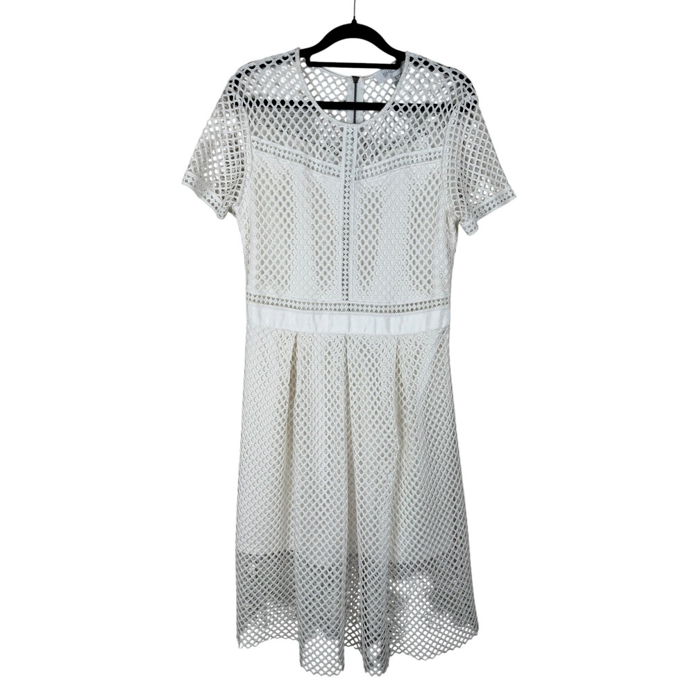 Shilla The Label White Geometric Mesh Midi Dress Short Sleeve Size L Australian